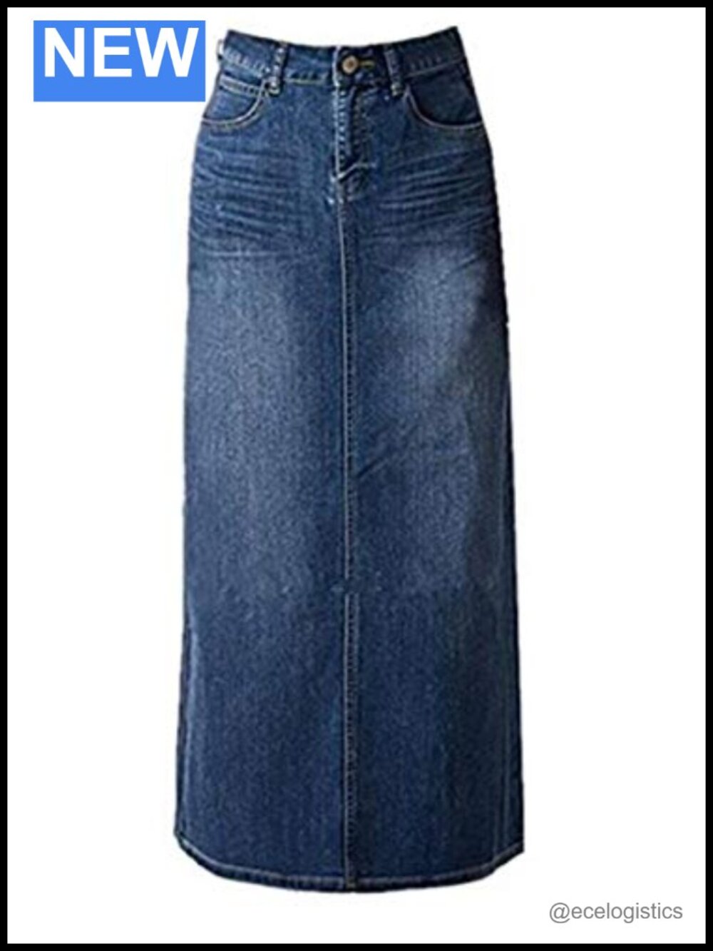 High Rise Stretchy A-Line Denim Maxi Skirt with Pockets and Side Slit